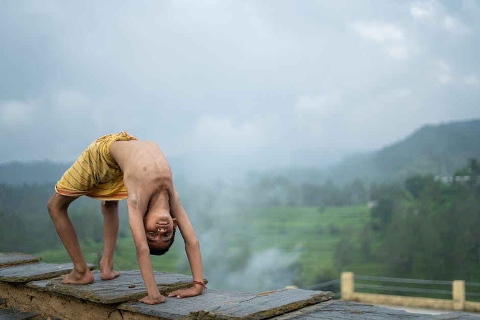 A woman meditating peacefully with a beautiful natural landscape background